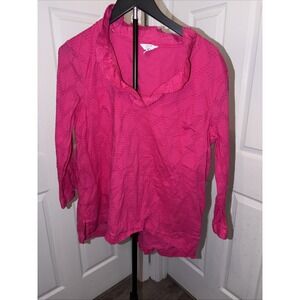 Crown & Ivy 3/4 Sleeve Ruffle V-Neck Top Large Textured Summer Core Coastal EUC